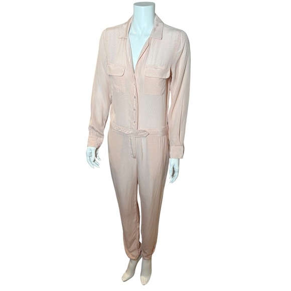 Equipment Pants - Equipment Femme Pink Silk Dot Print Long Sleeve Button Down Jumpsuit Small